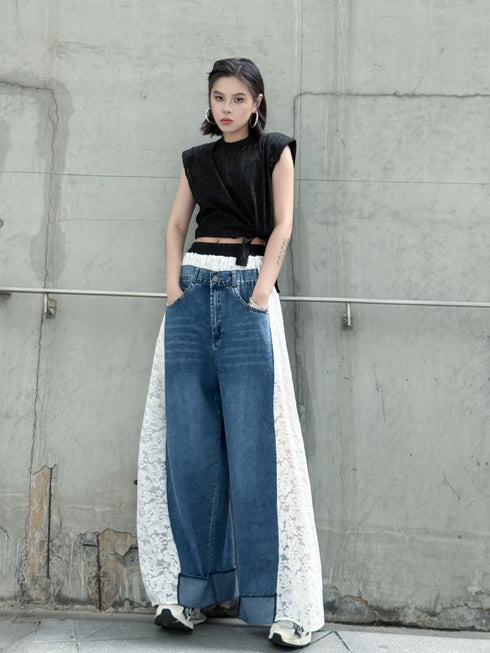 Lace Contrast Wide Denim Pants